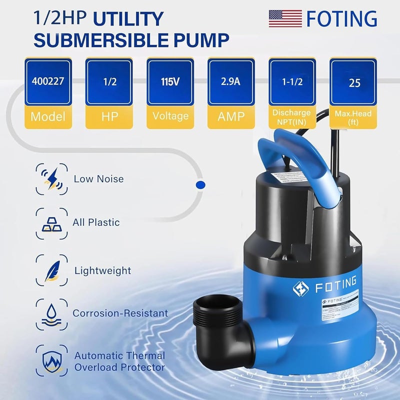 FOTING 1/2HP Submersible Water Pump with Stainless Steel Base - Removes Water to 0.04" Depth, 2450GPH Portable Sump Pump for Puddles, Pools, Boats, Gardens & Ponds - 10Ft Cord Included - Image 5